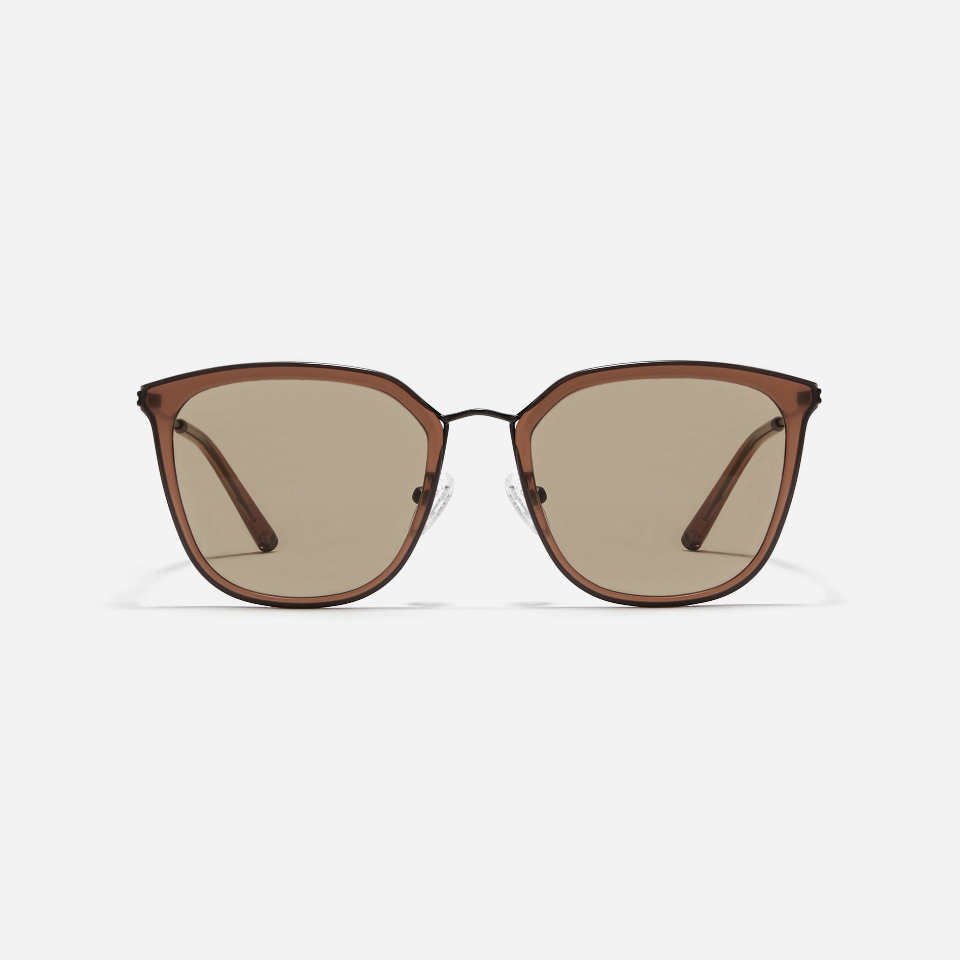 Combination sunglasses featuring flat lenses that ensure 100% UV protection, and unique nose bridge details