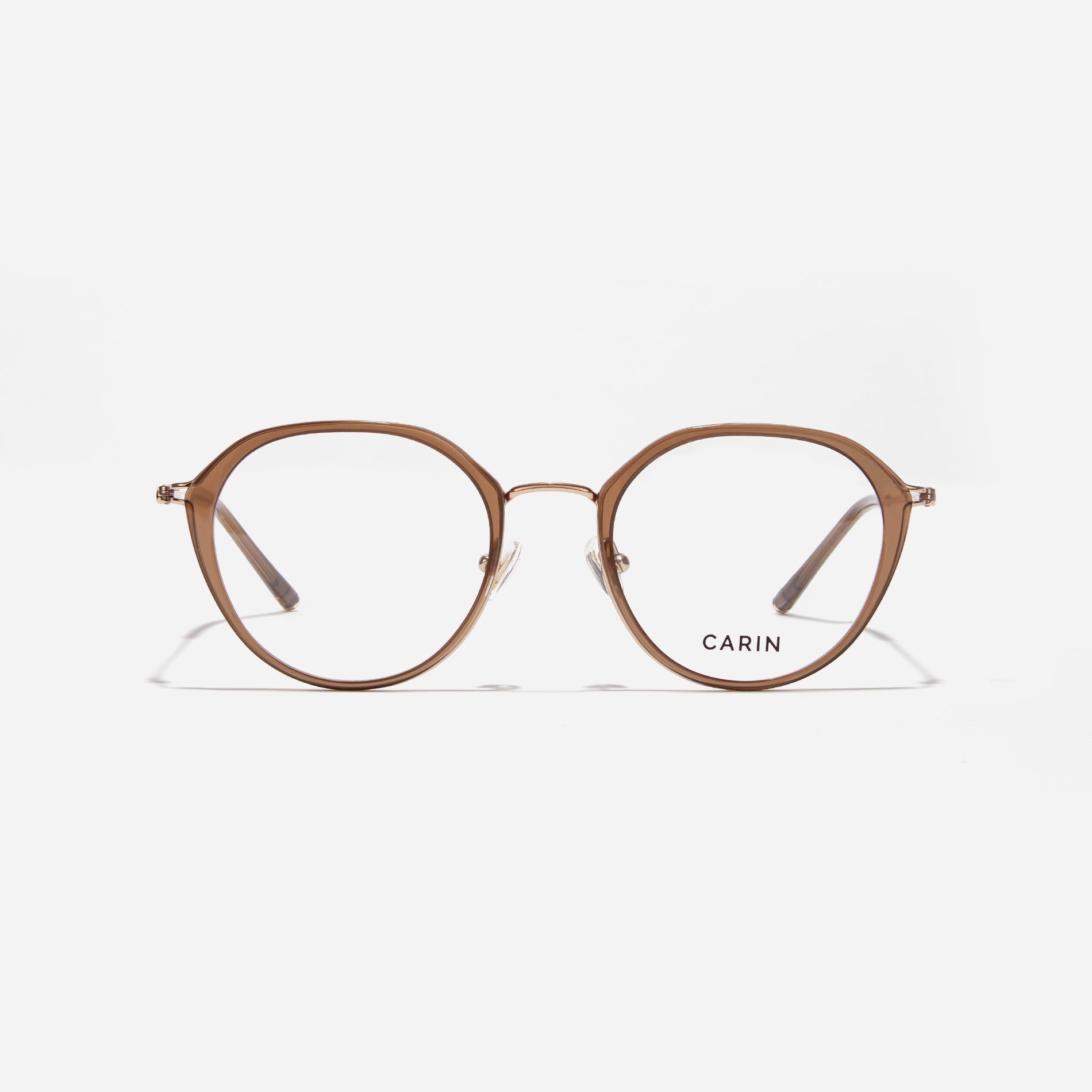 Polygonal-shaped eyeglasses that feature a contrasting round lens design, offering a smooth yet refined style.  They provide a comfortable wearing experience with slim temples made from lightweight and elastic B-Titanium material.