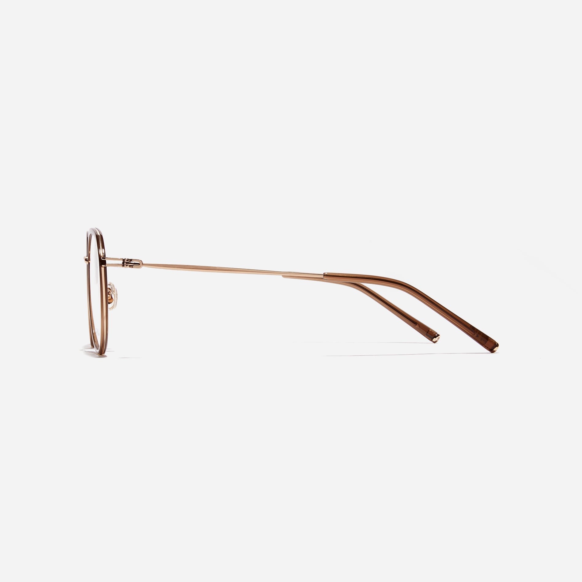 Polygonal-shaped eyeglasses that feature a contrasting round lens design, offering a smooth yet refined style.  They provide a comfortable wearing experience with slim temples made from lightweight and elastic B-Titanium material.